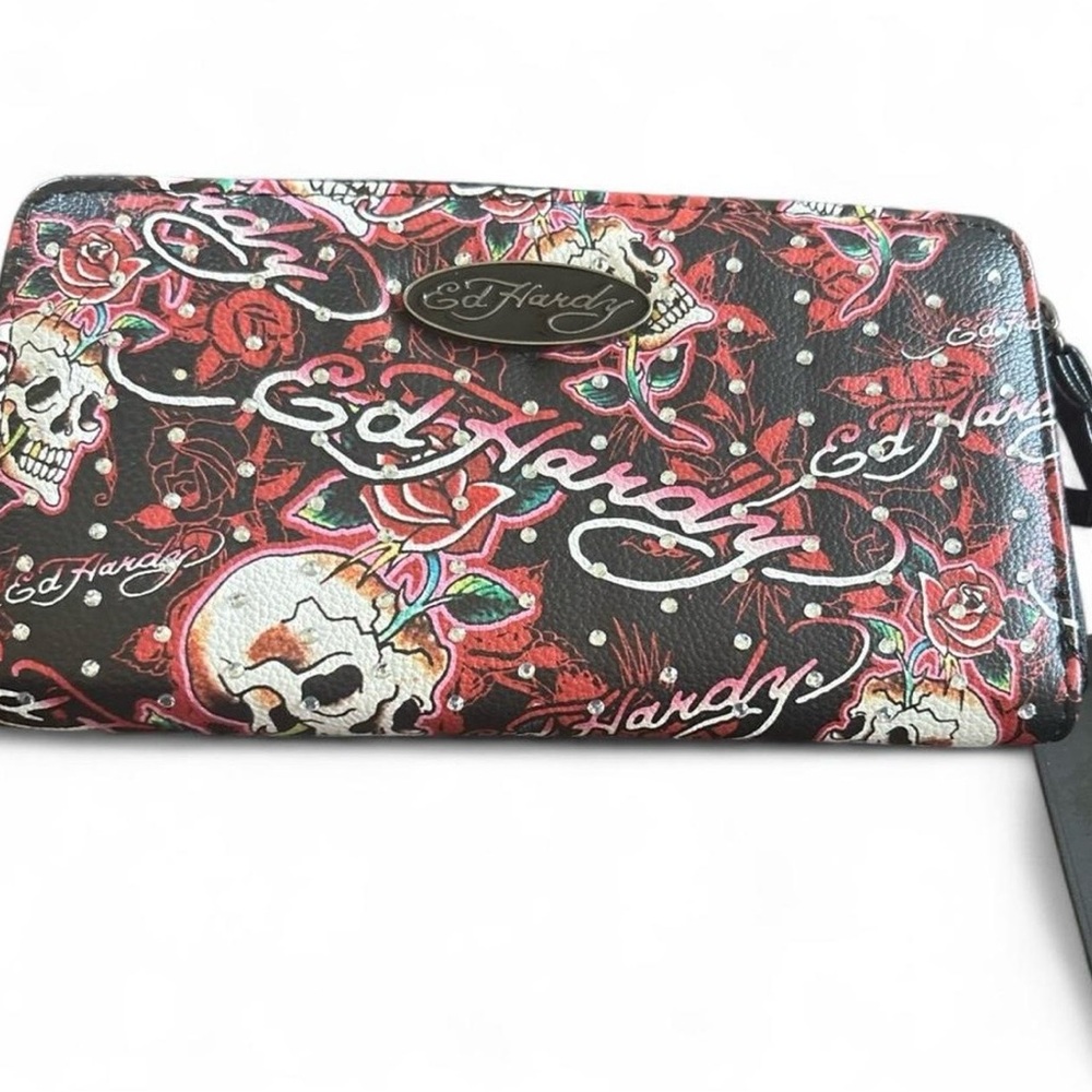 Ed Hardy Black Wristlet Wallet with Red Rose & White Skull Motif